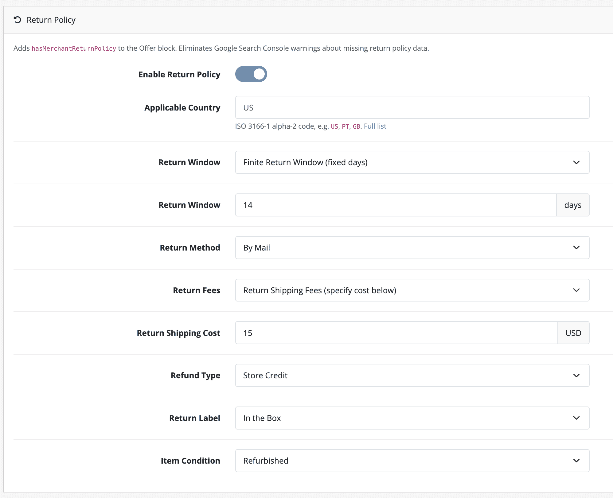 Return policy configuration panel in OpenCart admin — Rich Snippets extension