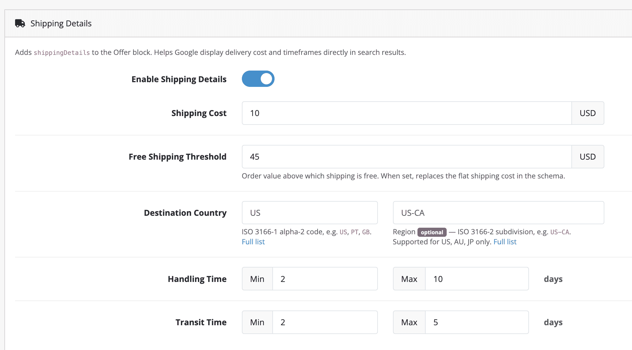 Shipping configuration panel in OpenCart admin — Rich Snippets extension